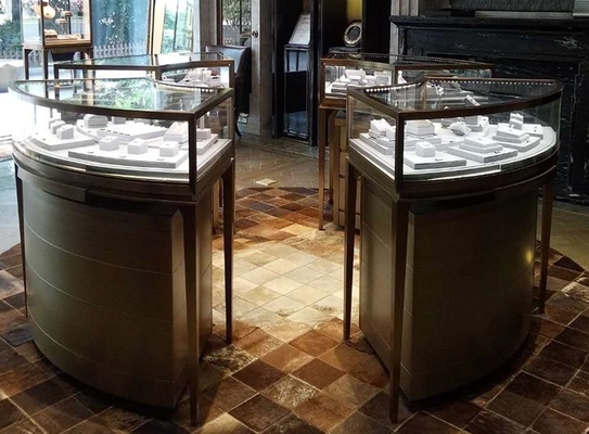 Bronze Stainless Steel Jewelry Store Showcases Arc Shape With Bottom Cabinet