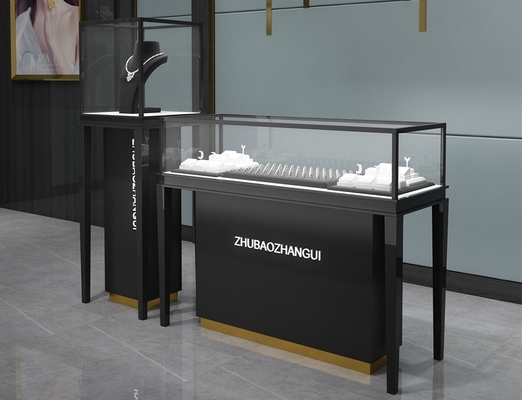 ODM Black Titanium Jewelry Store Showcases With Ultra White Glass Electrical Lock